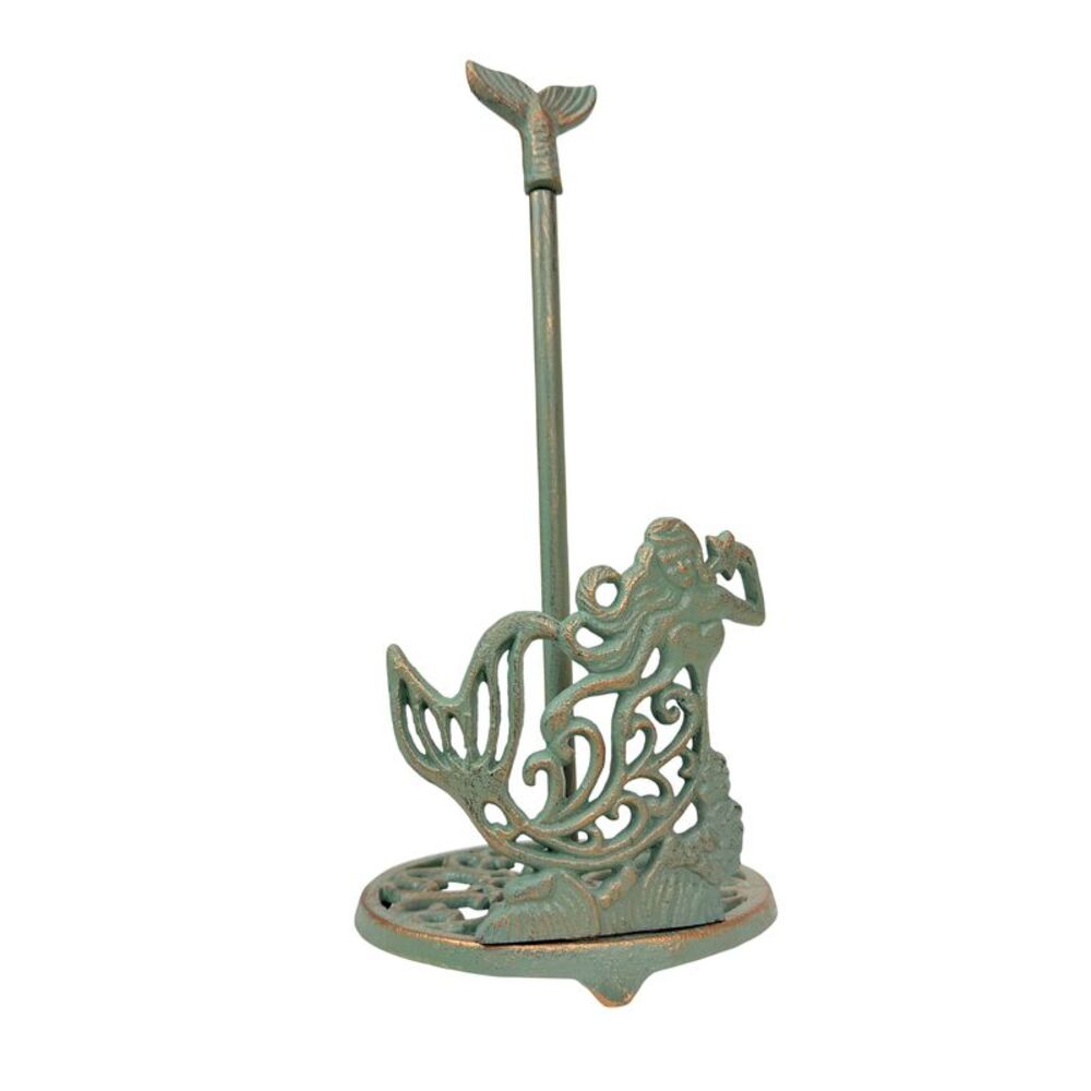 Mermaid Paper Towel Holder Verdigris Iron Coastal Tail Finial 13.75 Inch